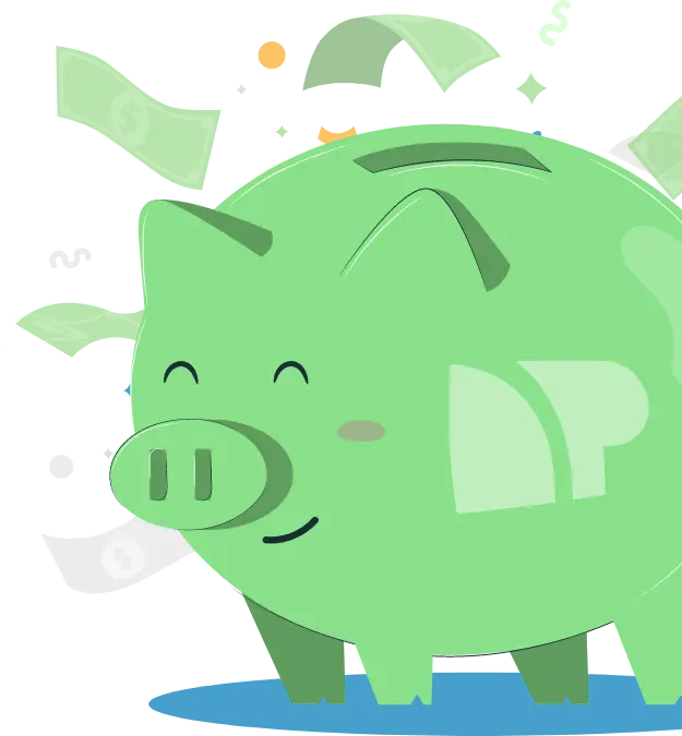 Green net pay piggy bank celebrating