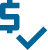 Blue money symbol with a checkmark next to it icon